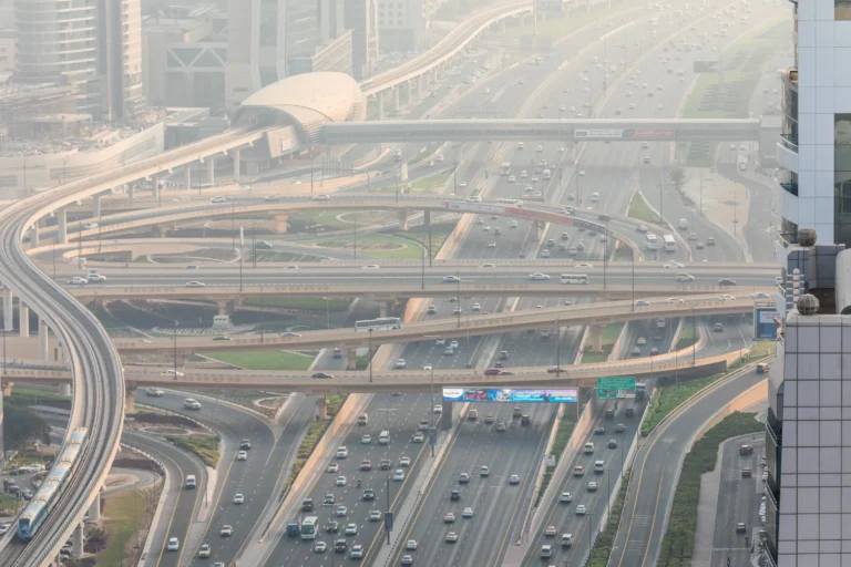 top view numerous cars traffic Dubai